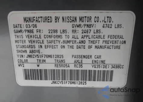 2006 Infiniti G35X z USA, uszkodzony, nr VIN JNKCV51F76M612825